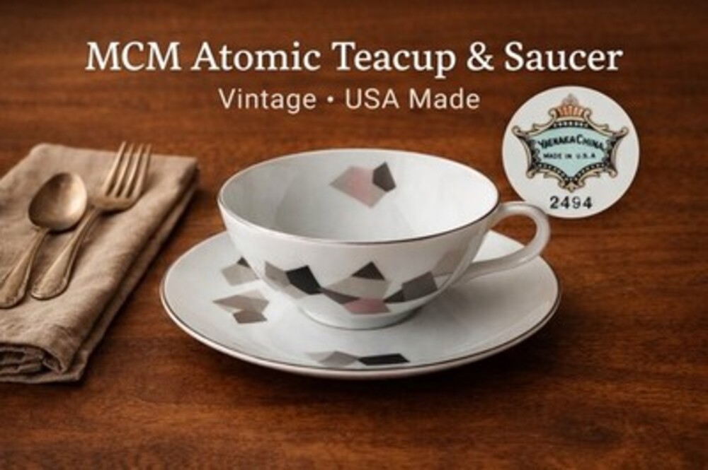 MCM Yamaka China Atomic Teacup Saucer Set Japan Pink Gray 2494